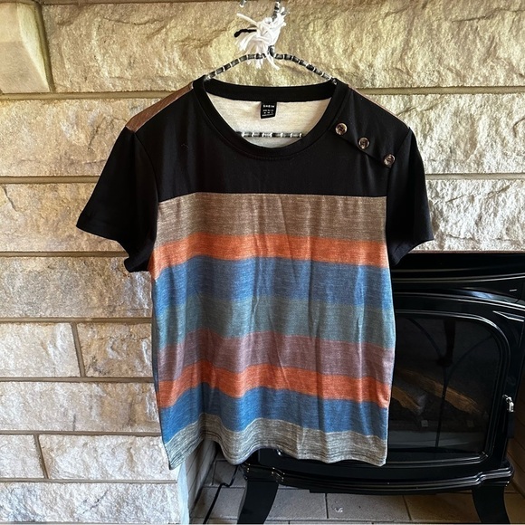 SHEIN Orange Blue Brown Green Black Colorblock Striped Tee Button Detail Sz M - Picture 1 of 6